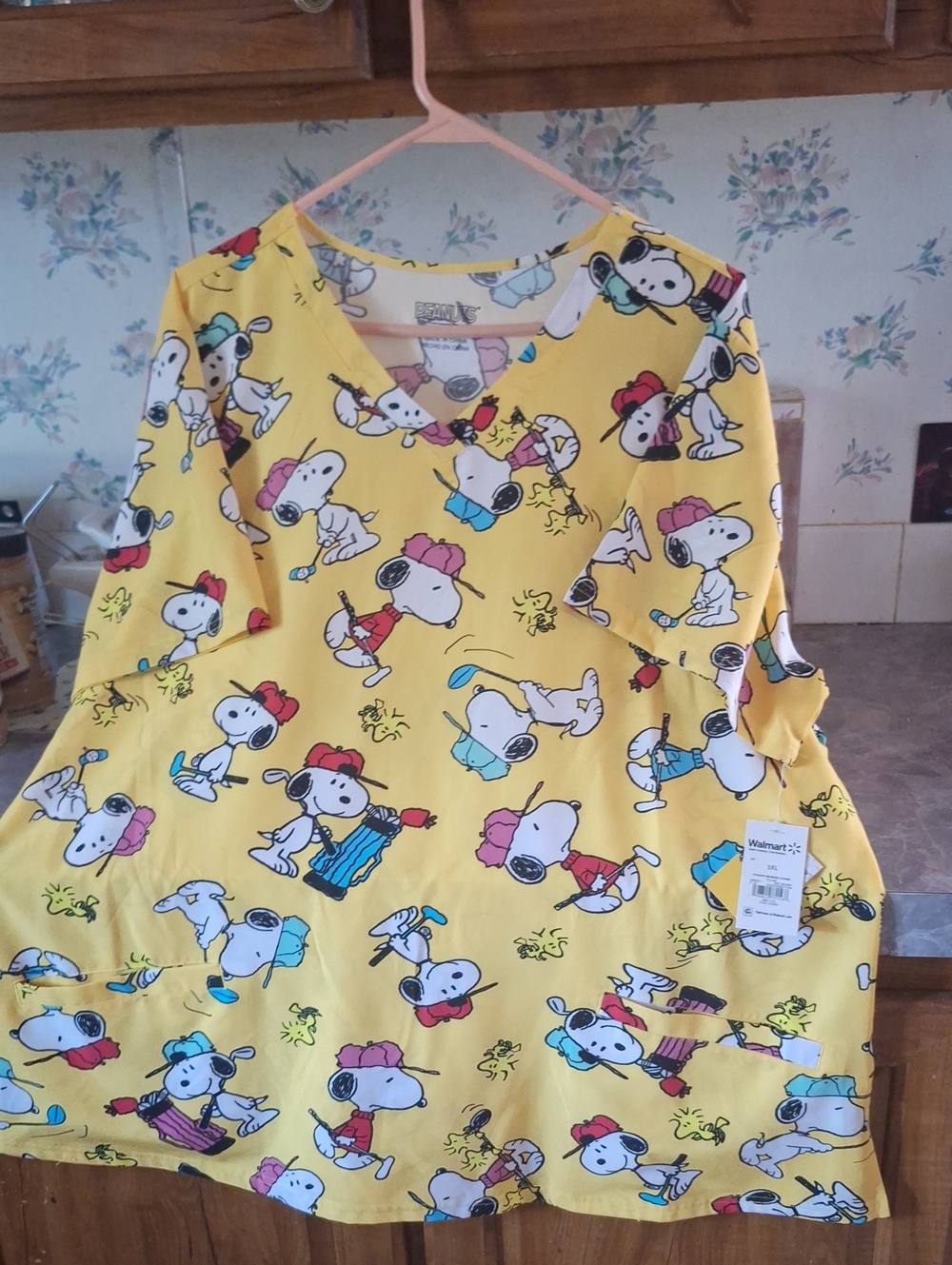 Peanuts Yellow Cartoon Snoopy Top with Pink Accents